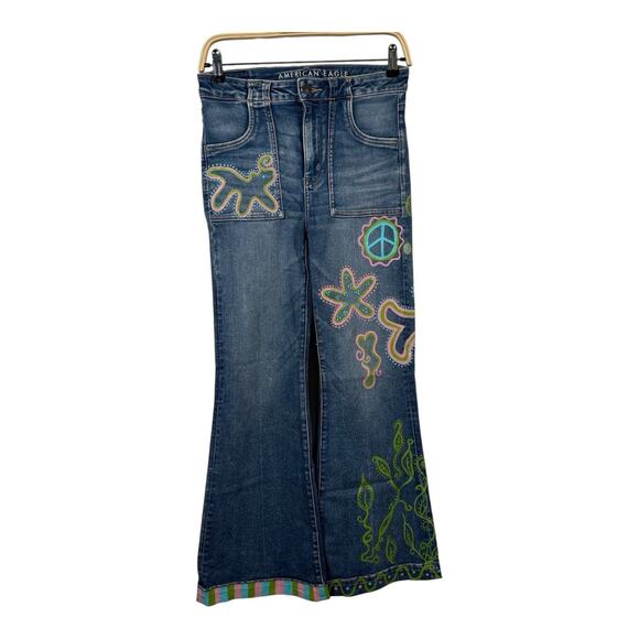 American Eagle Super High Rise Flare Painted Hippie Boho Peace Jeans Retro 4S - Picture 1 of 10